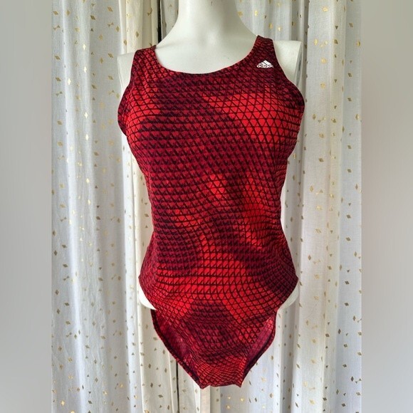 Adidas Women's One Piece Red Black Geometric Open Back Swimsuit 36 M - Picture 2 of 4